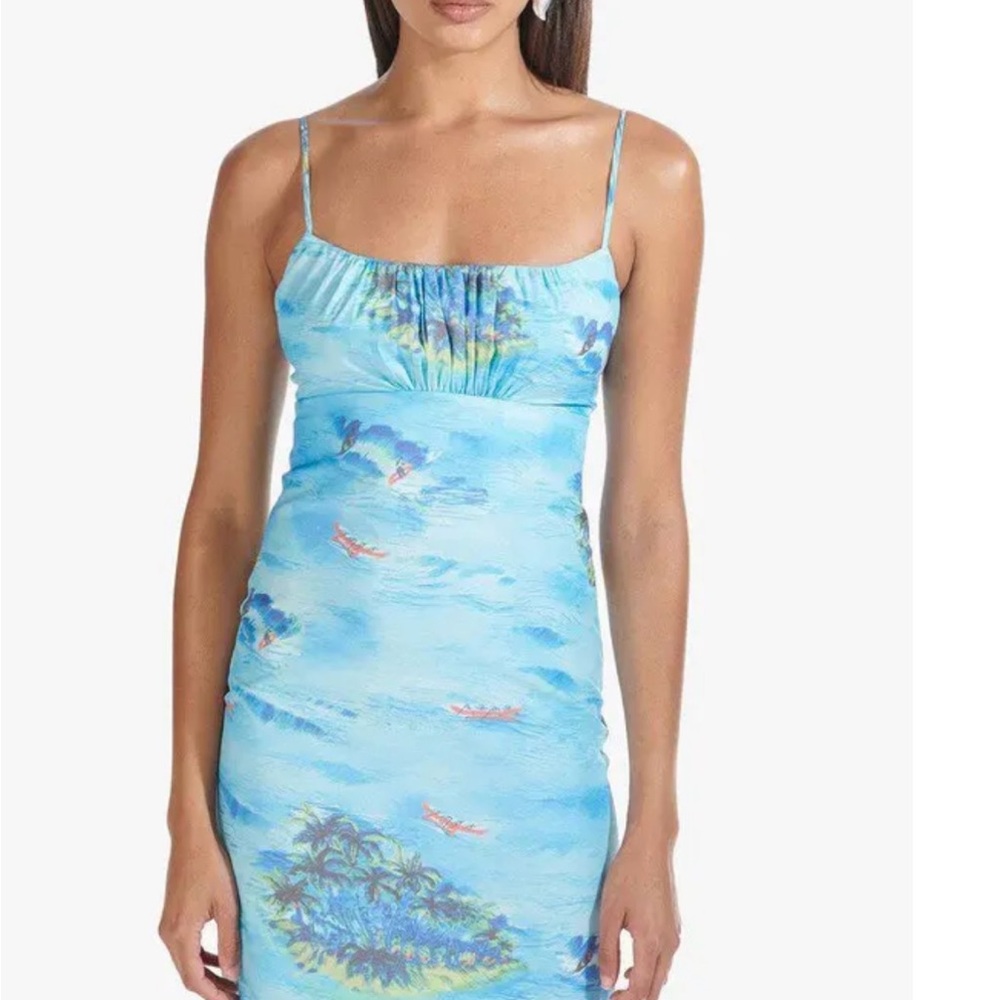 NWT Staud Bell Island-Print Ruched Empire Waist Strappy Sleeve Mini Dress Blue